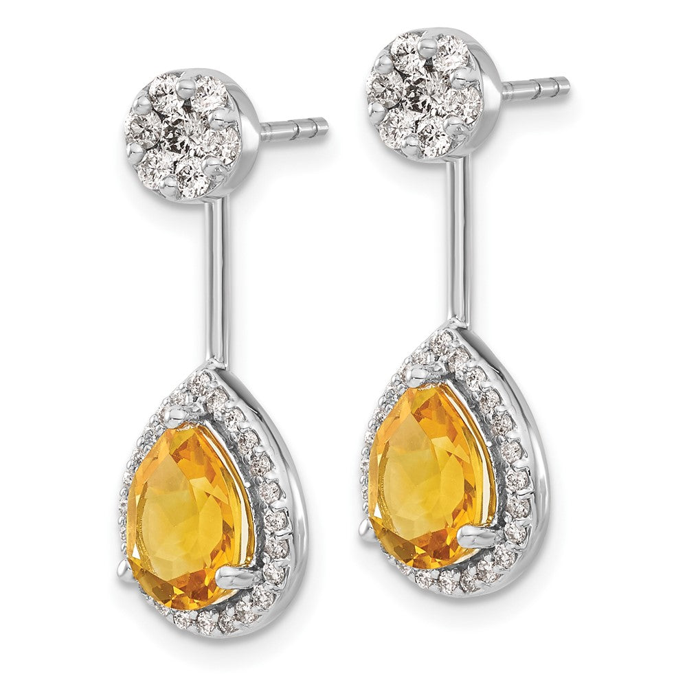 Diamond/Pear Citrine Front/Back Earrings in 14k White Gold