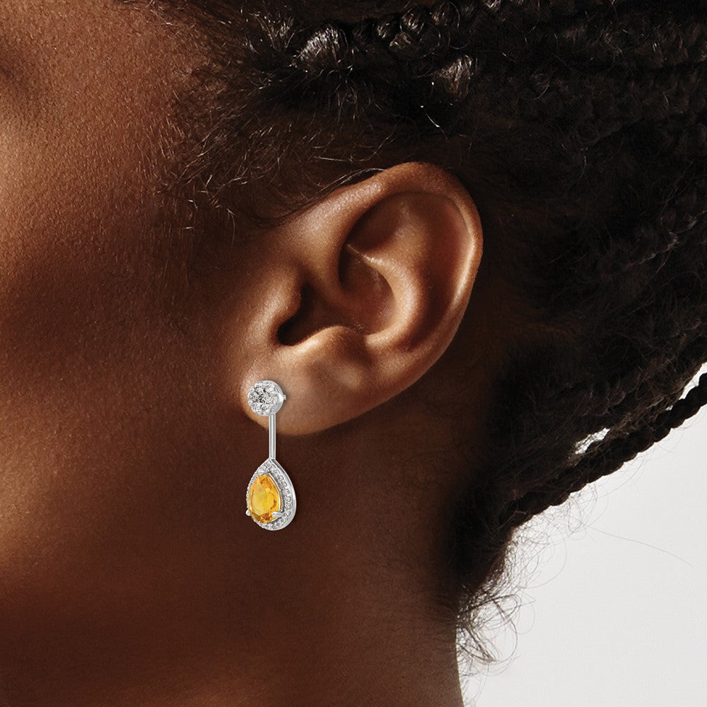 Diamond/Pear Citrine Front/Back Earrings in 14k White Gold