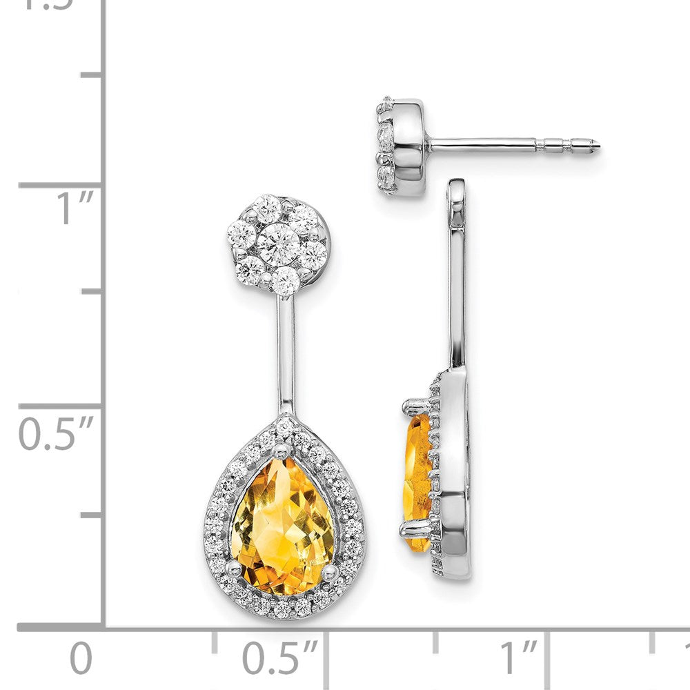 Diamond/Pear Citrine Front/Back Earrings in 14k White Gold