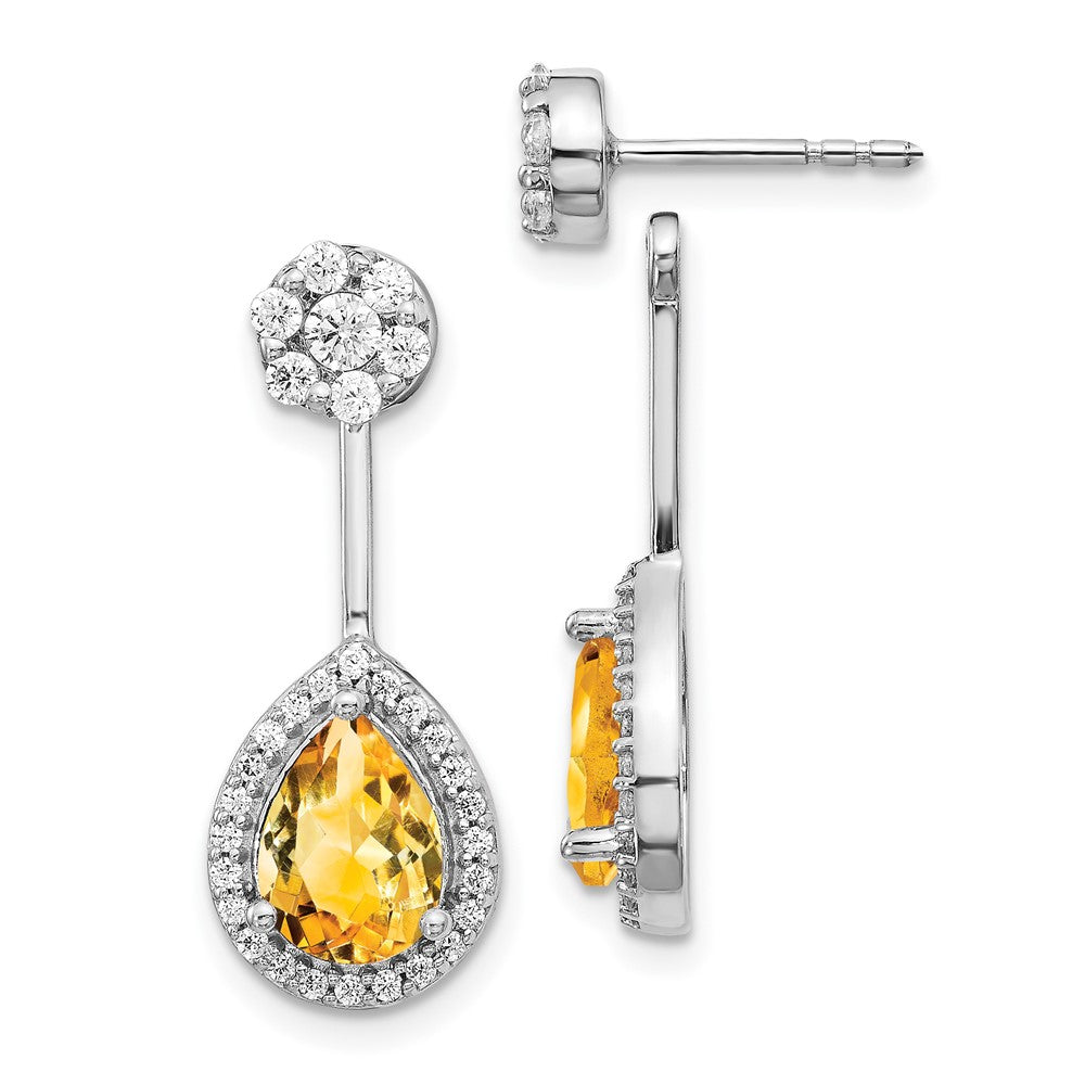 Diamond/Pear Citrine Front/Back Earrings in 14k White Gold