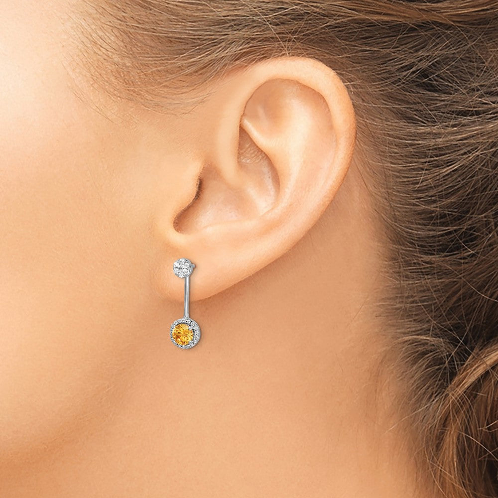 Diamond/Citrine Front/Back Earrings in 14k White Gold