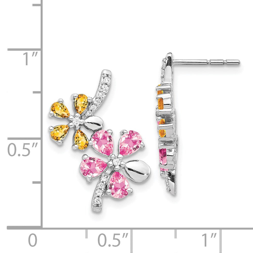 Diamond/Citrine/Pink Tourmaline Flower Earrings in 14k White Gold