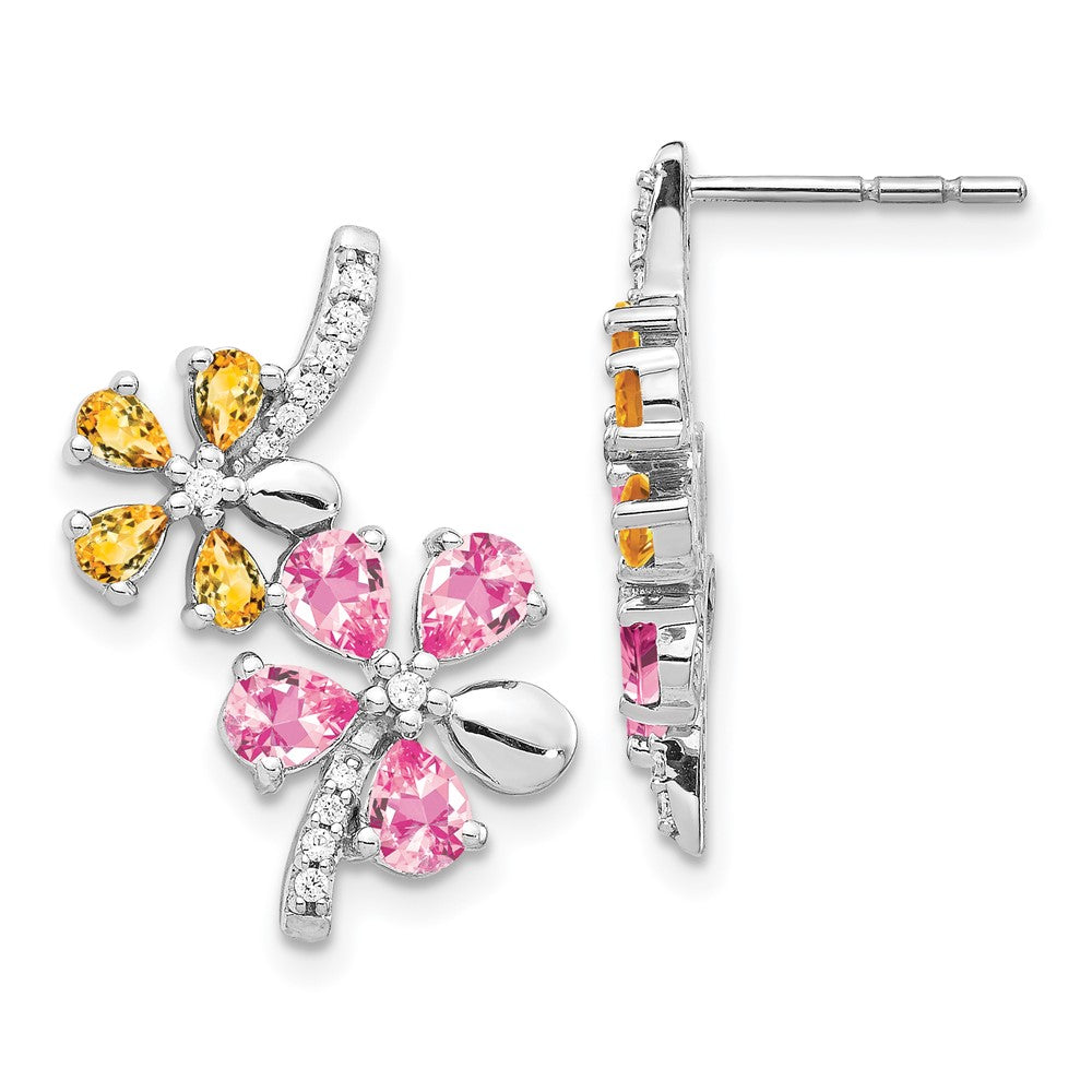 Diamond/Citrine/Pink Tourmaline Flower Earrings in 14k White Gold