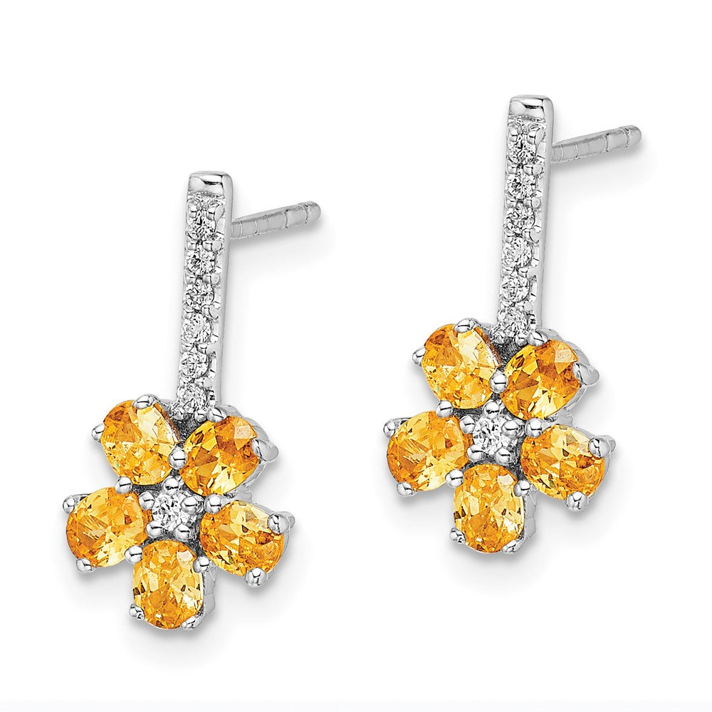 Diamond Citrine Flower Earrings in 14k White Gold