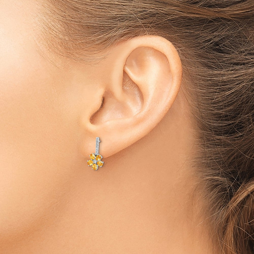 Diamond Citrine Flower Earrings in 14k White Gold