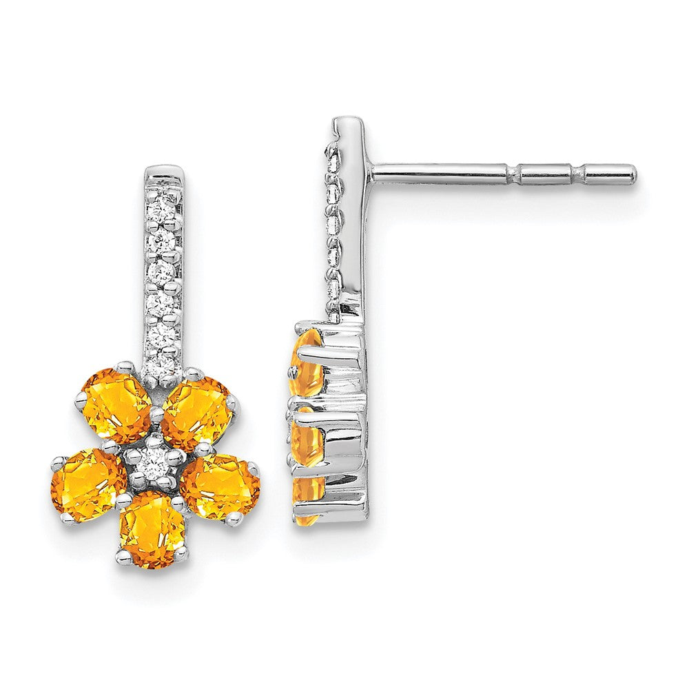 Diamond Citrine Flower Earrings in 14k White Gold