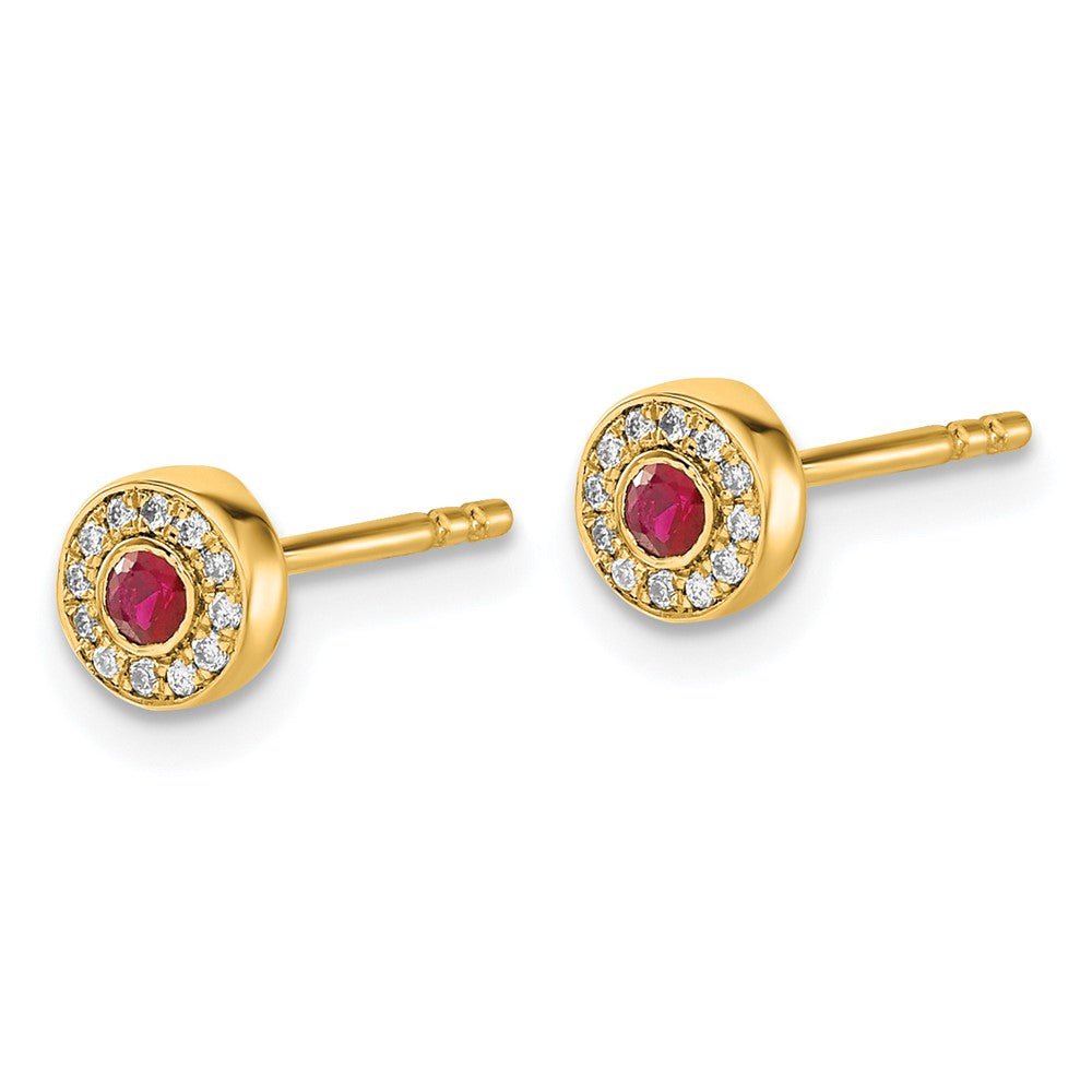 Diamond & Ruby Halo Post Earrings in 14k Yellow Gold