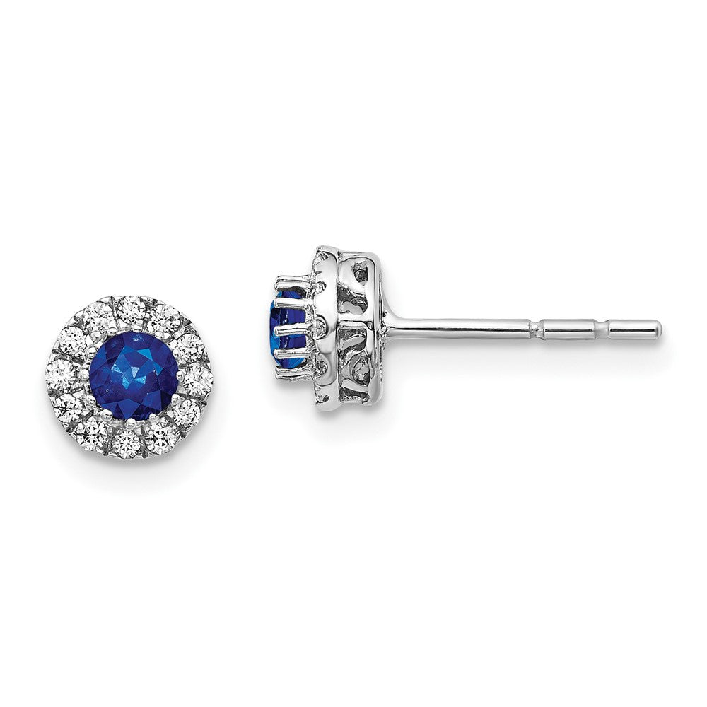 Diamond & Blue Sapphire Halo Post Earrings in 14k White Gold