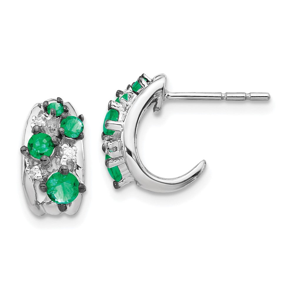 Diamond & Emerald Polished Post Hoop Earrings in 14k White Gold