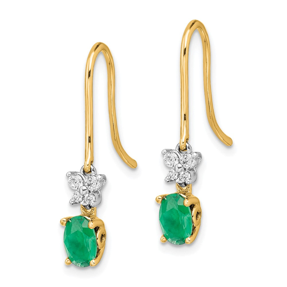 Two-tone 1/8ct Diamond & Oval Emerald Shepherd Hook Earrings in 14k Yellow & White Gold