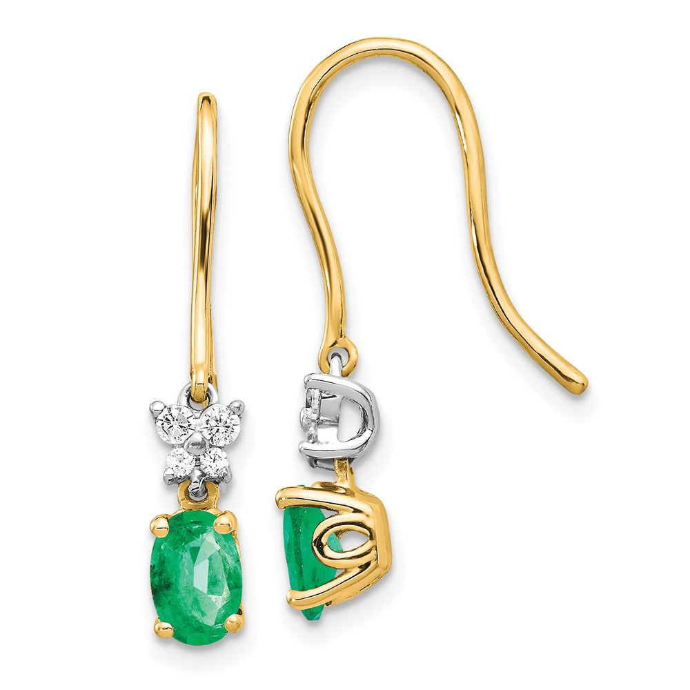 Two-tone 1/8ct Diamond & Oval Emerald Shepherd Hook Earrings in 14k Yellow & White Gold