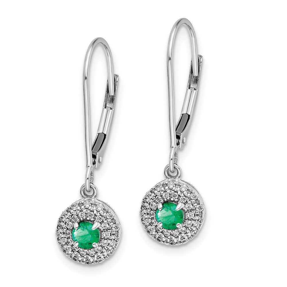 Diamond Halo Emerald Leverback Dangle Earrings in 14k White Gold