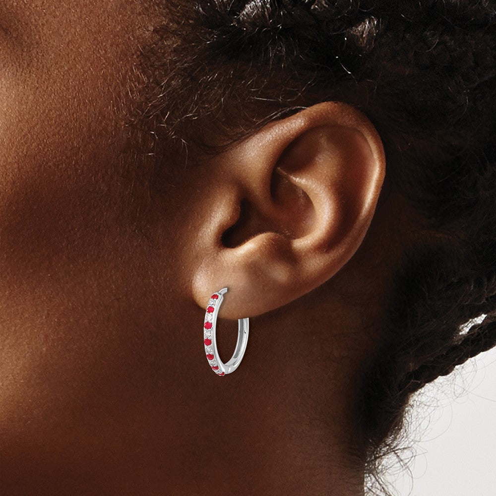 Diamond & Ruby Hinged Hoop Earrings in 14k White Gold