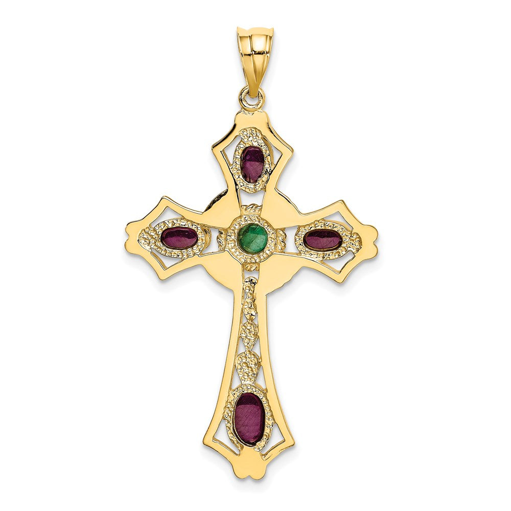 Ruby & Emerald Cabochon Cross Pendant in 14k Yellow Gold