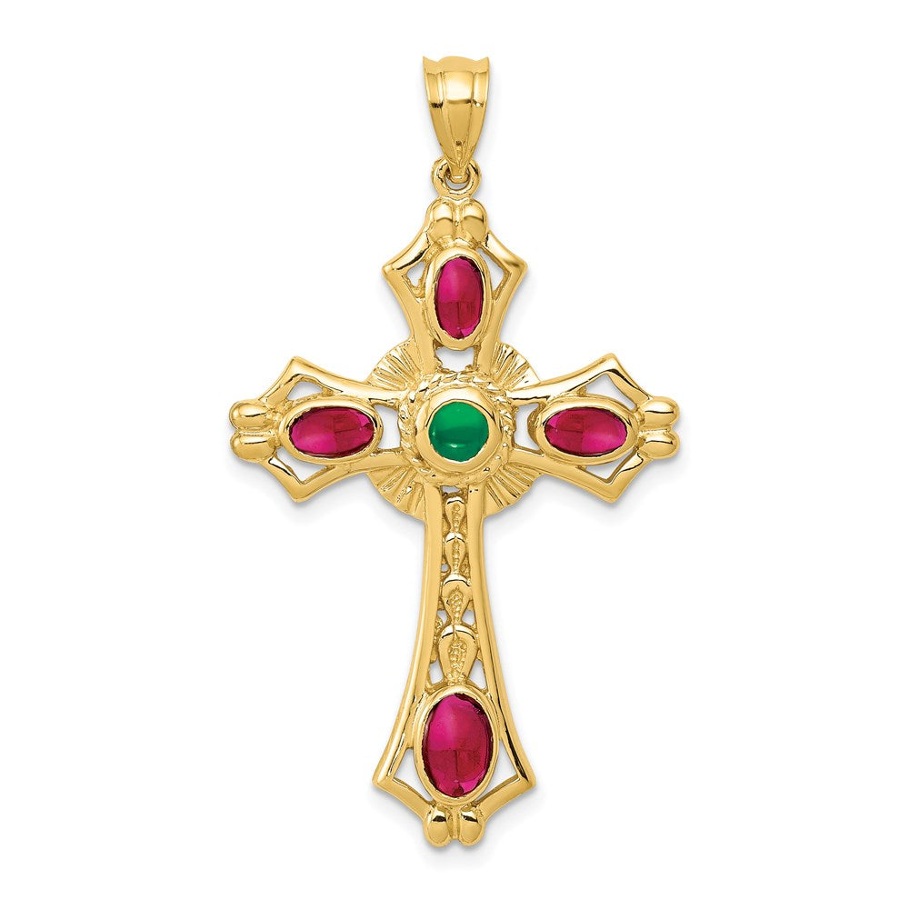 Ruby & Emerald Cabochon Cross Pendant in 14k Yellow Gold