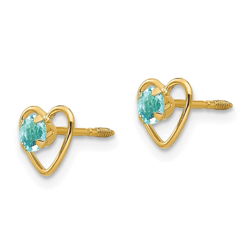 Madi K 3mm Genuine Aquamarine Birthstone Heart Earrings in 14k Yellow Gold