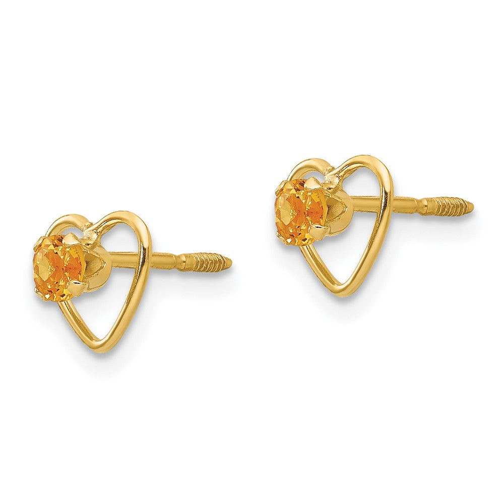 Madi K 3mm Genuine Citrine Birthstone Heart Earrings in 14k Yellow Gold