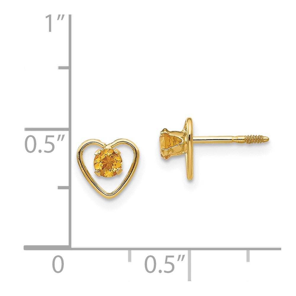 Madi K 3mm Genuine Citrine Birthstone Heart Earrings in 14k Yellow Gold