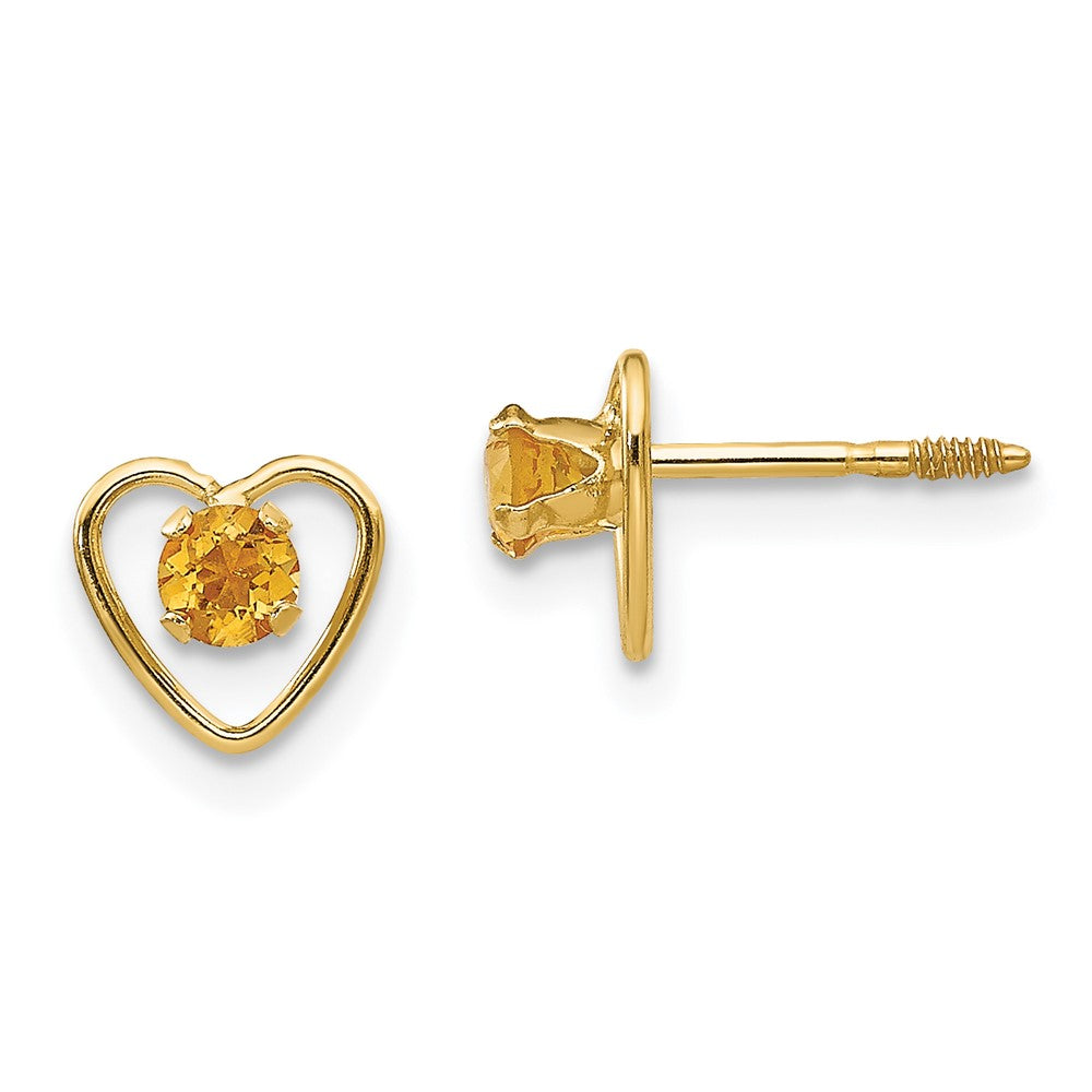 Madi K 3mm Genuine Citrine Birthstone Heart Earrings in 14k Yellow Gold