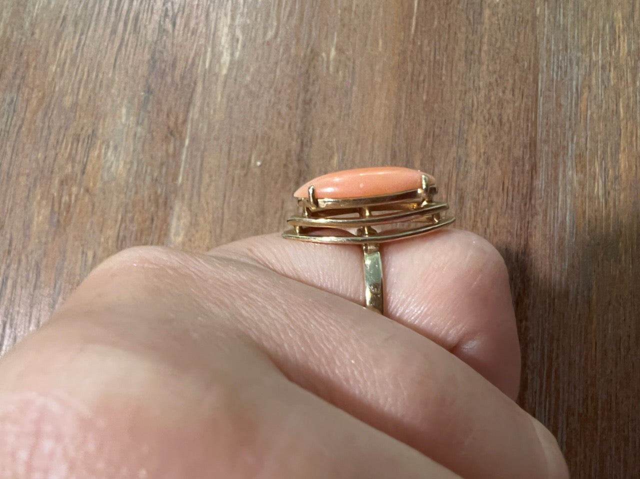 Vintage Pink Coral Marquise Ring in 14k Yellow Gold