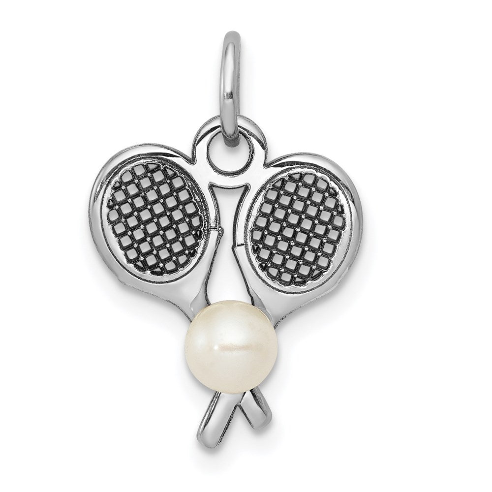 Tennis Racquets W/Freshwater Cultured Pearl Charm in 14k White Gold