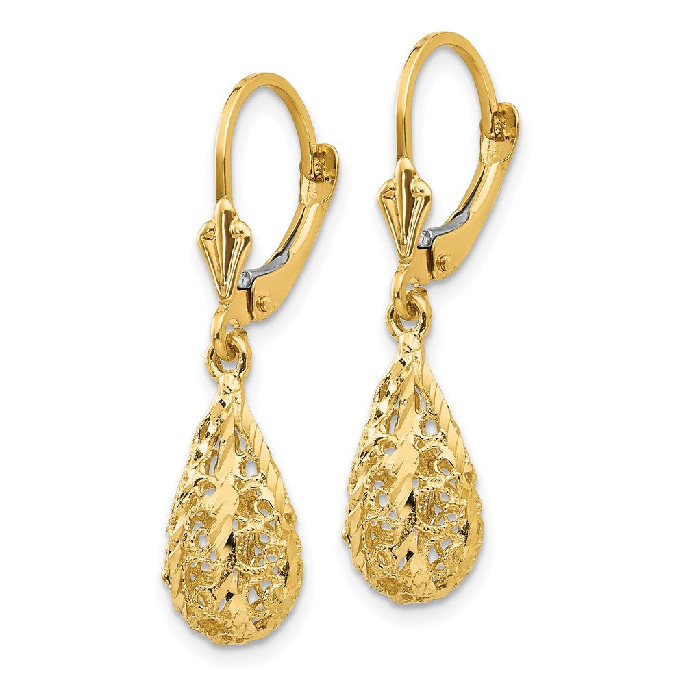 Polished Diamond-Cut Filigree Dangle Leverback Earrings in 14k Yellow Gold