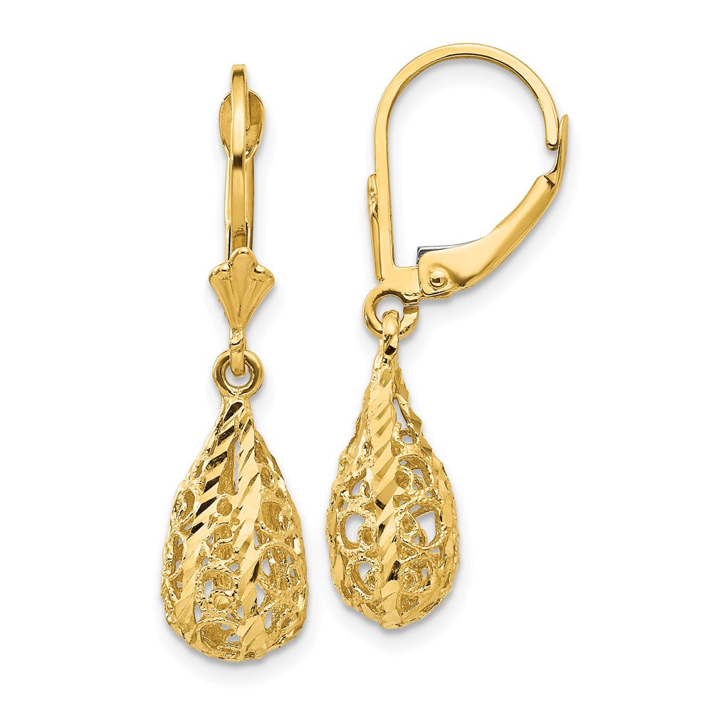 Polished Diamond-Cut Filigree Dangle Leverback Earrings in 14k Yellow Gold