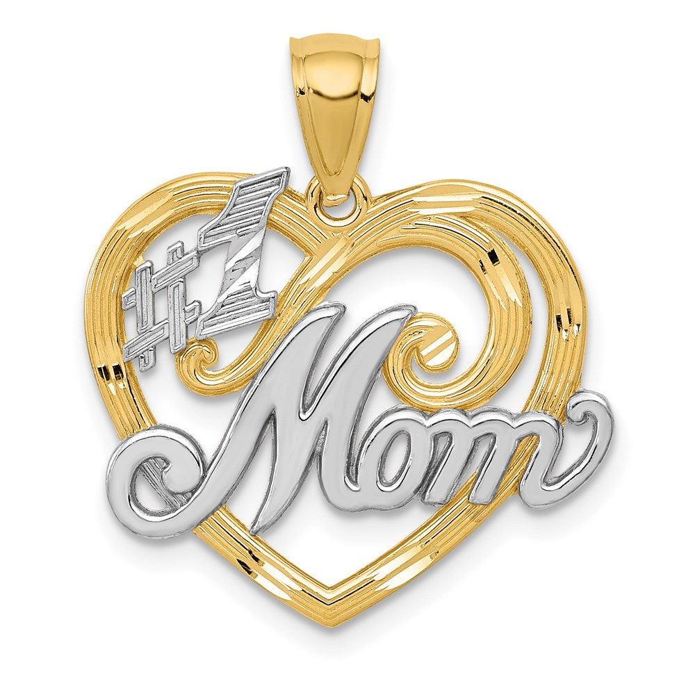 #1 MOM Heart Pendant in Rhodium-Plated 14k Yellow Gold
