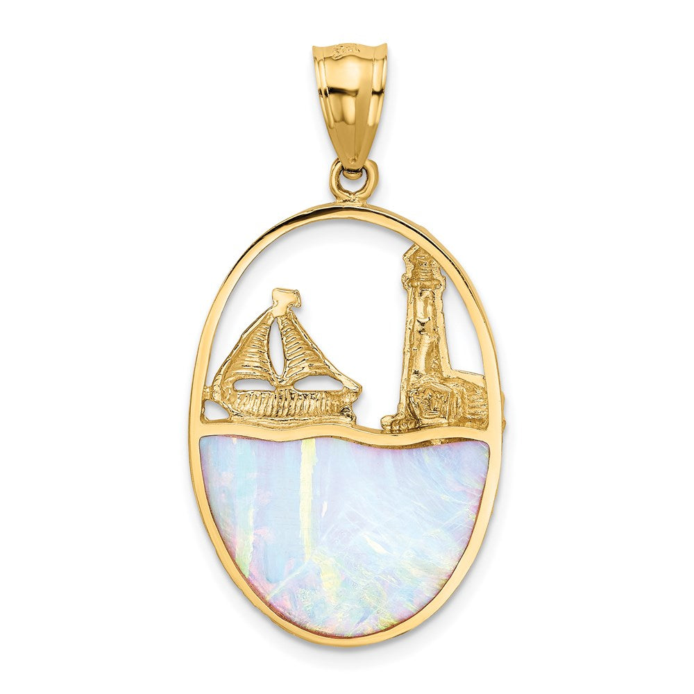 Lab Created Opal Lighthouse Sailboat Pendant in 14k Yellow Gold