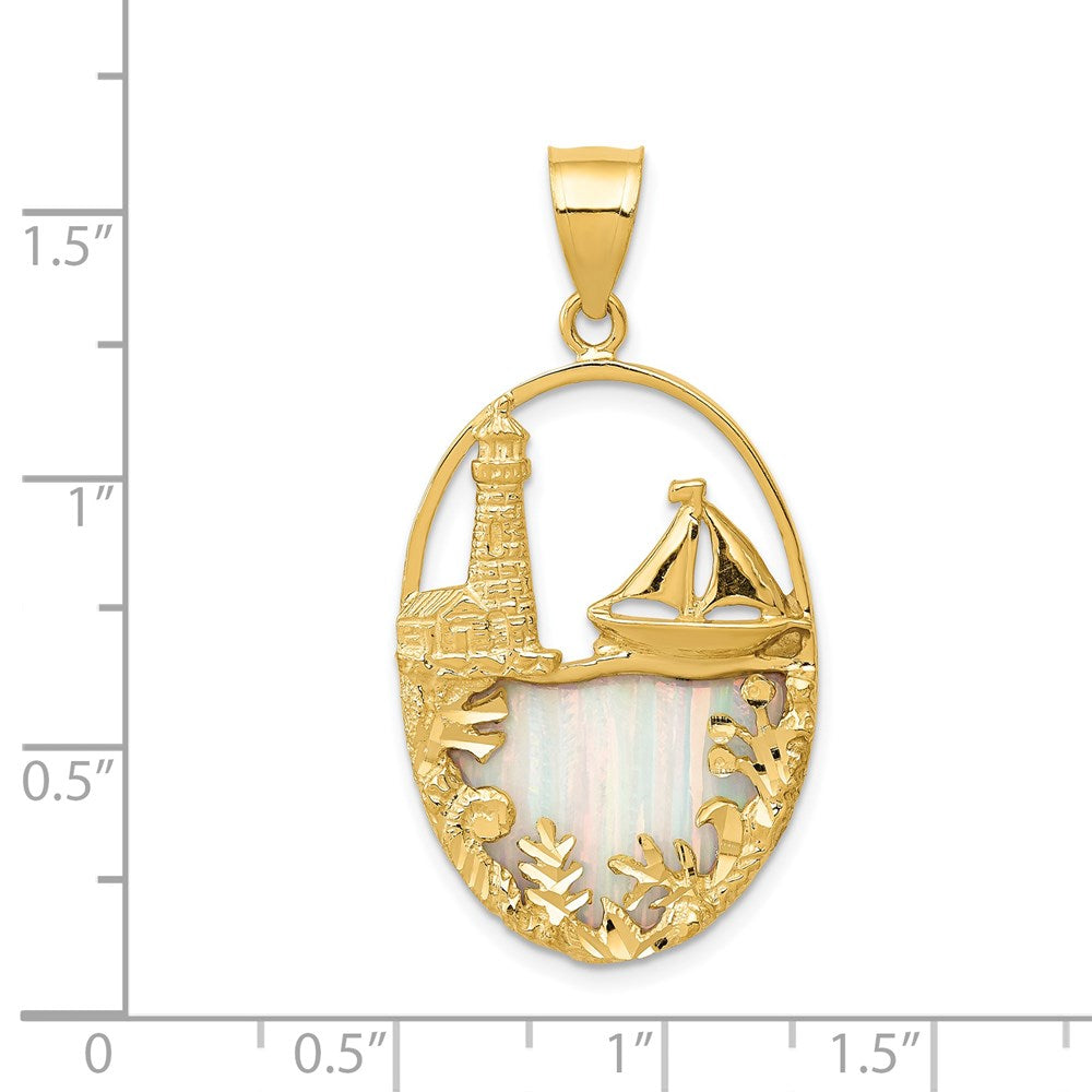Lab Created Opal Lighthouse Sailboat Pendant in 14k Yellow Gold
