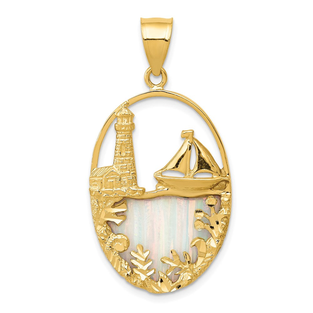 Lab Created Opal Lighthouse Sailboat Pendant in 14k Yellow Gold