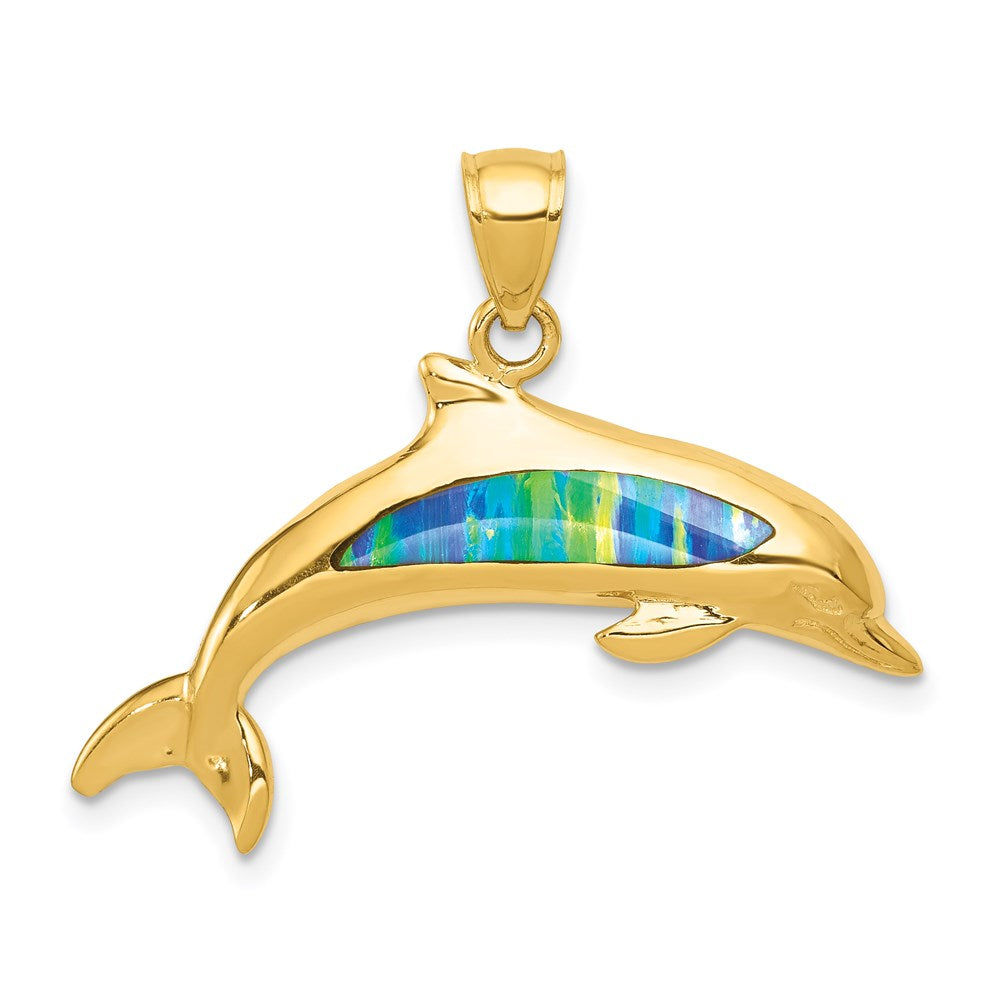 Lab Created Opal Dolphin Pendant in 14k Yellow Gold