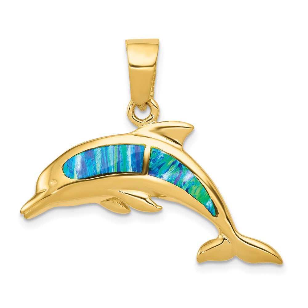 Lab Created Opal Dolphin Pendant in 14k Yellow Gold