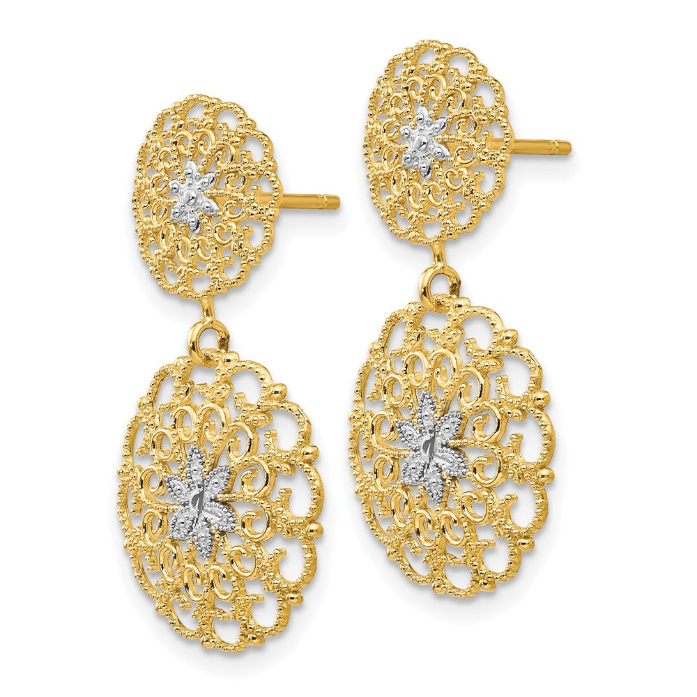 Diamond-cut Filigree Medallion Drop Post Earrings in Rhodium-Plated 14k Yellow Gold