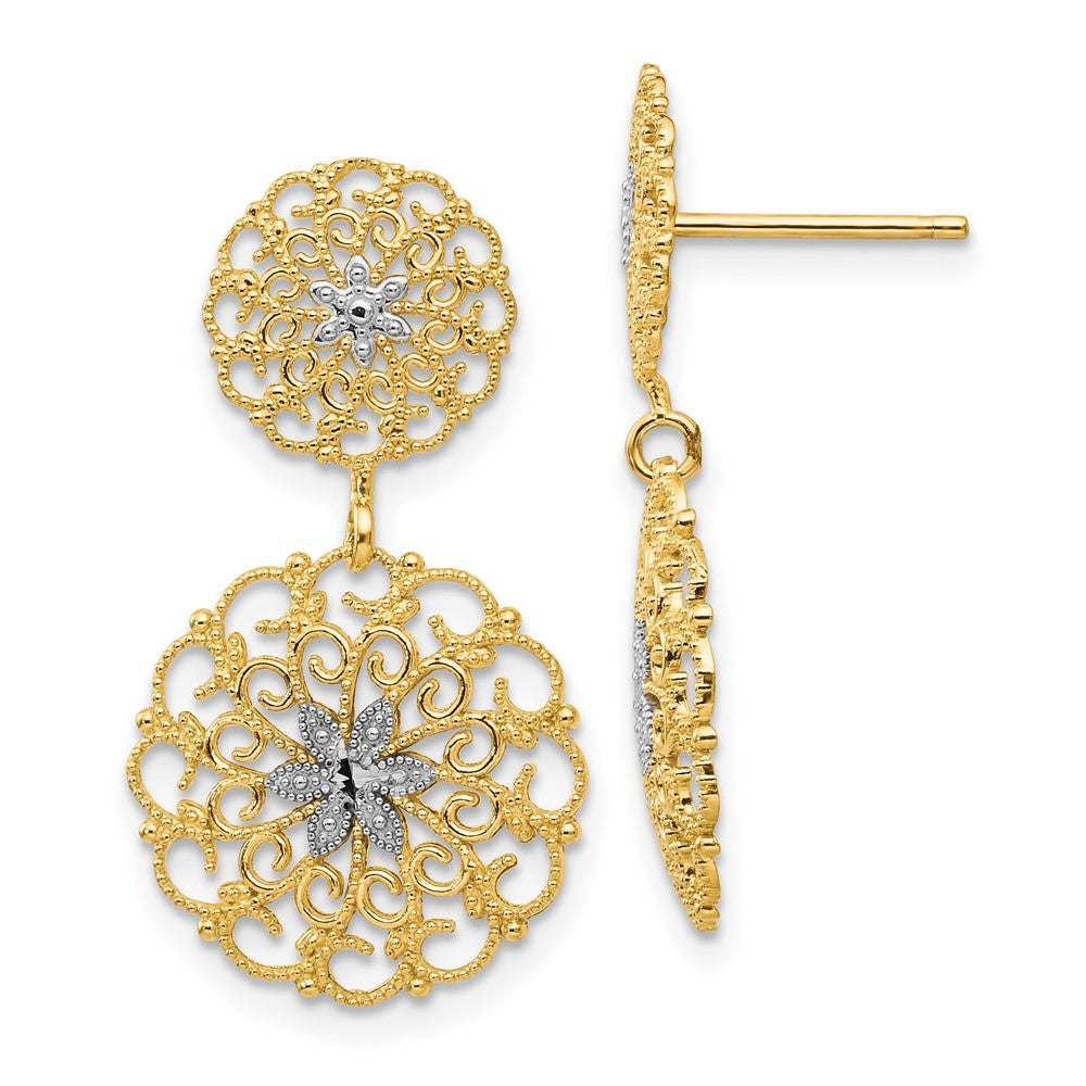 Diamond-cut Filigree Medallion Drop Post Earrings in Rhodium-Plated 14k Yellow Gold