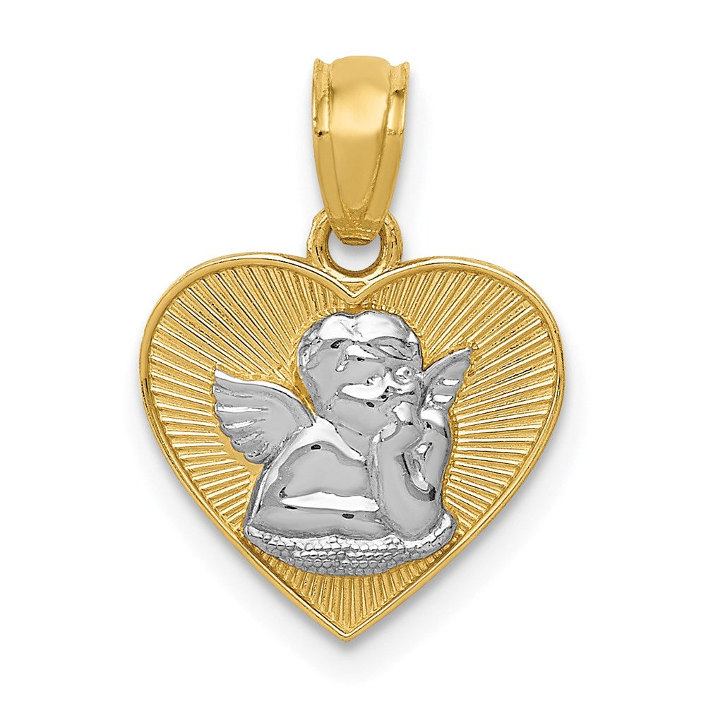 Polished Guardian Angel in Heart Pendant in Rhodium-Plated 14k Yellow Gold