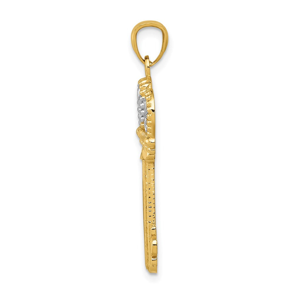 White Rhodium Polished Fleur De Lis Crown Key Charm in Rhodium-Plated 14k Yellow Gold