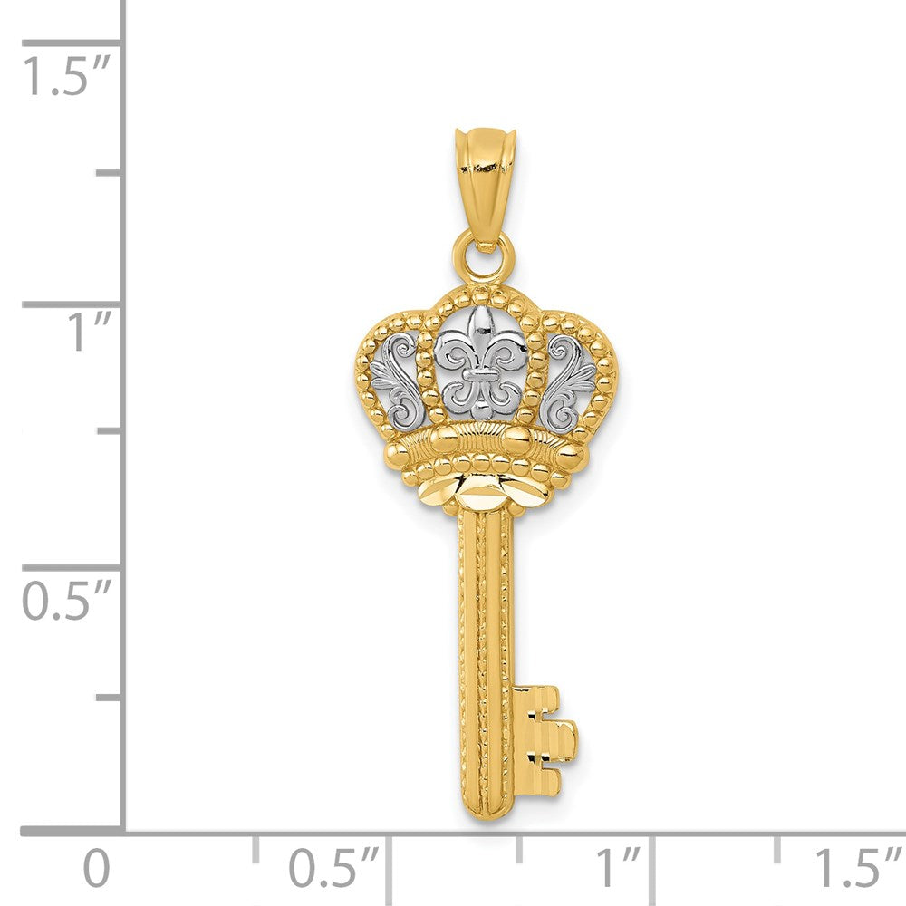 White Rhodium Polished Fleur De Lis Crown Key Charm in Rhodium-Plated 14k Yellow Gold