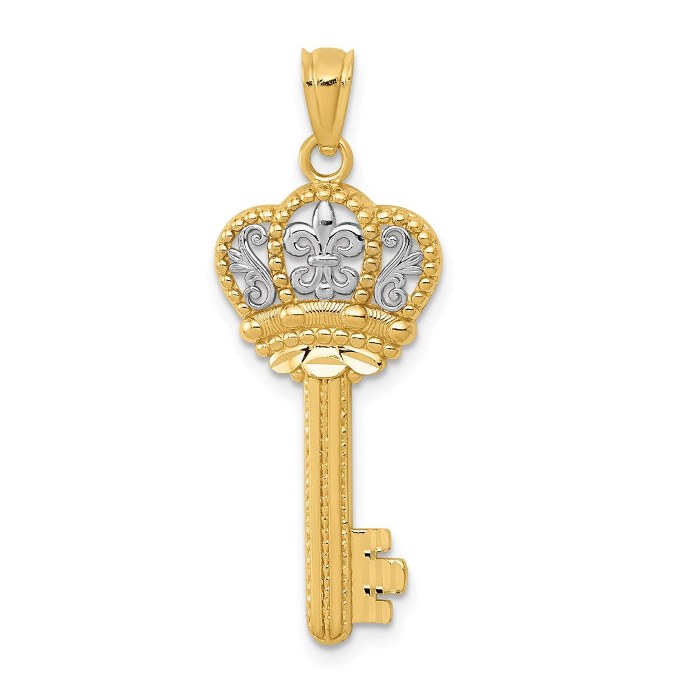 White Rhodium Polished Fleur De Lis Crown Key Charm in Rhodium-Plated 14k Yellow Gold