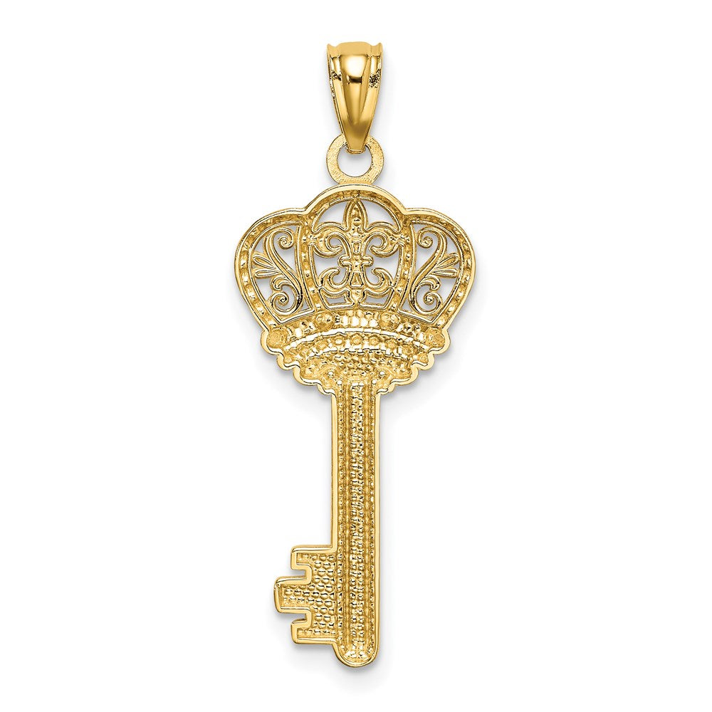 White Rhodium Polished Fleur De Lis Crown Key Charm in Rhodium-Plated 14k Yellow Gold