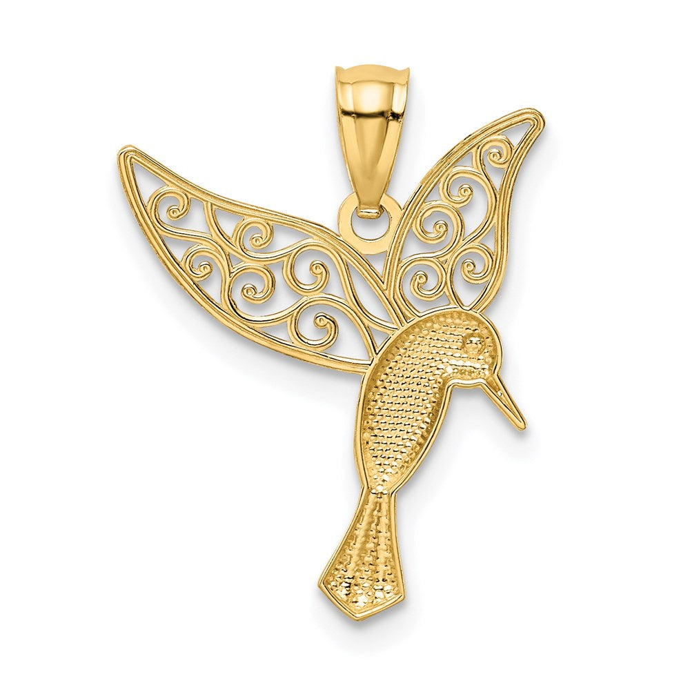 Polished Hummingbird Filigree Wings Pendant in Rhodium-Plated 14k Yellow Gold