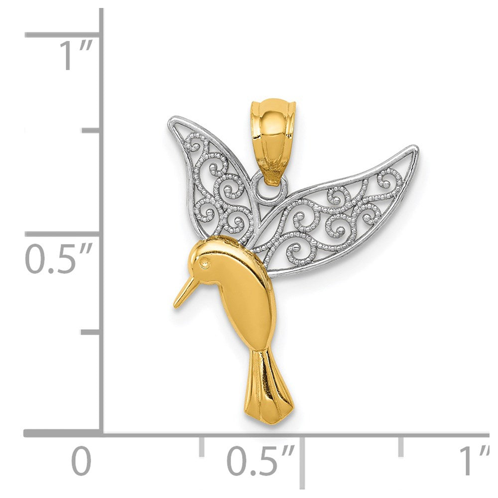 Polished Hummingbird Filigree Wings Pendant in Rhodium-Plated 14k Yellow Gold