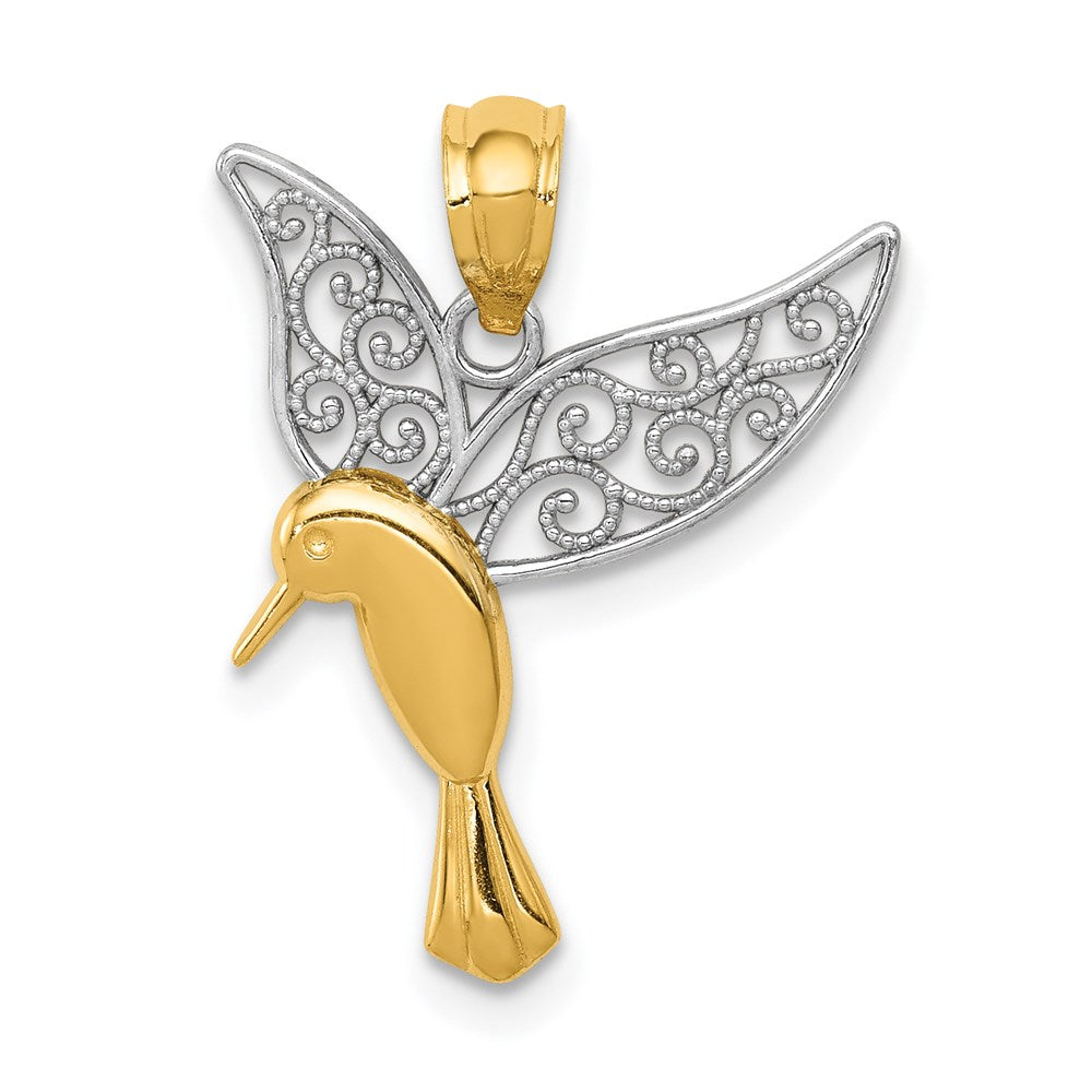 Polished Hummingbird Filigree Wings Pendant in Rhodium-Plated 14k Yellow Gold