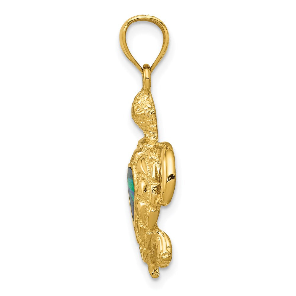 Polished Created Blue Opal Turtle Pendant in 14k Yellow Gold