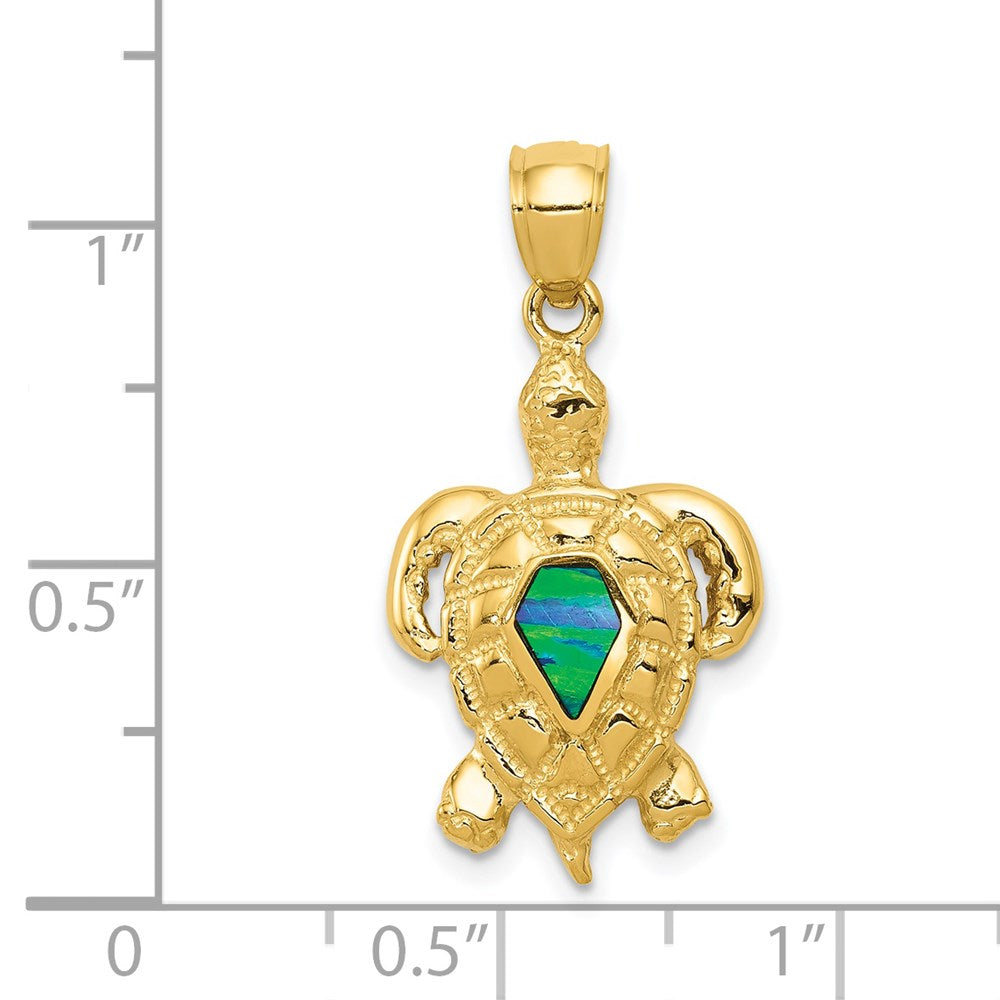 Polished Created Blue Opal Turtle Pendant in 14k Yellow Gold
