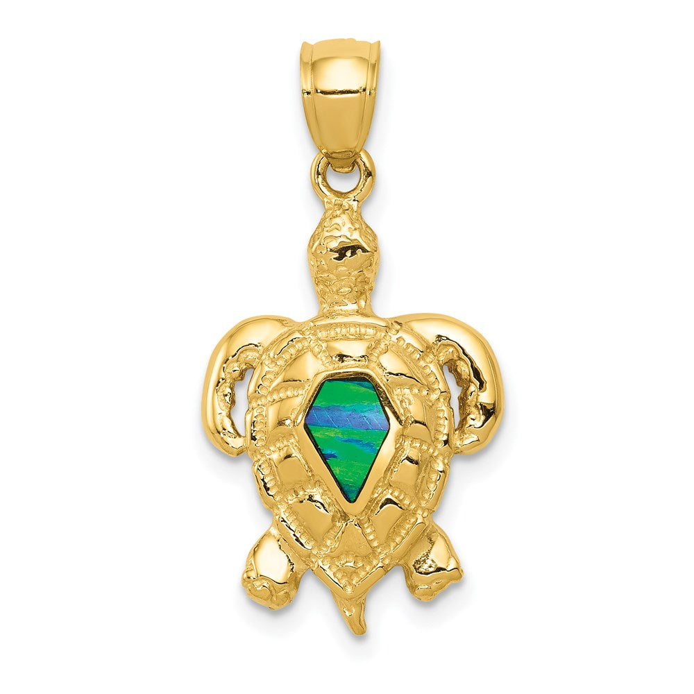 Polished Created Blue Opal Turtle Pendant in 14k Yellow Gold
