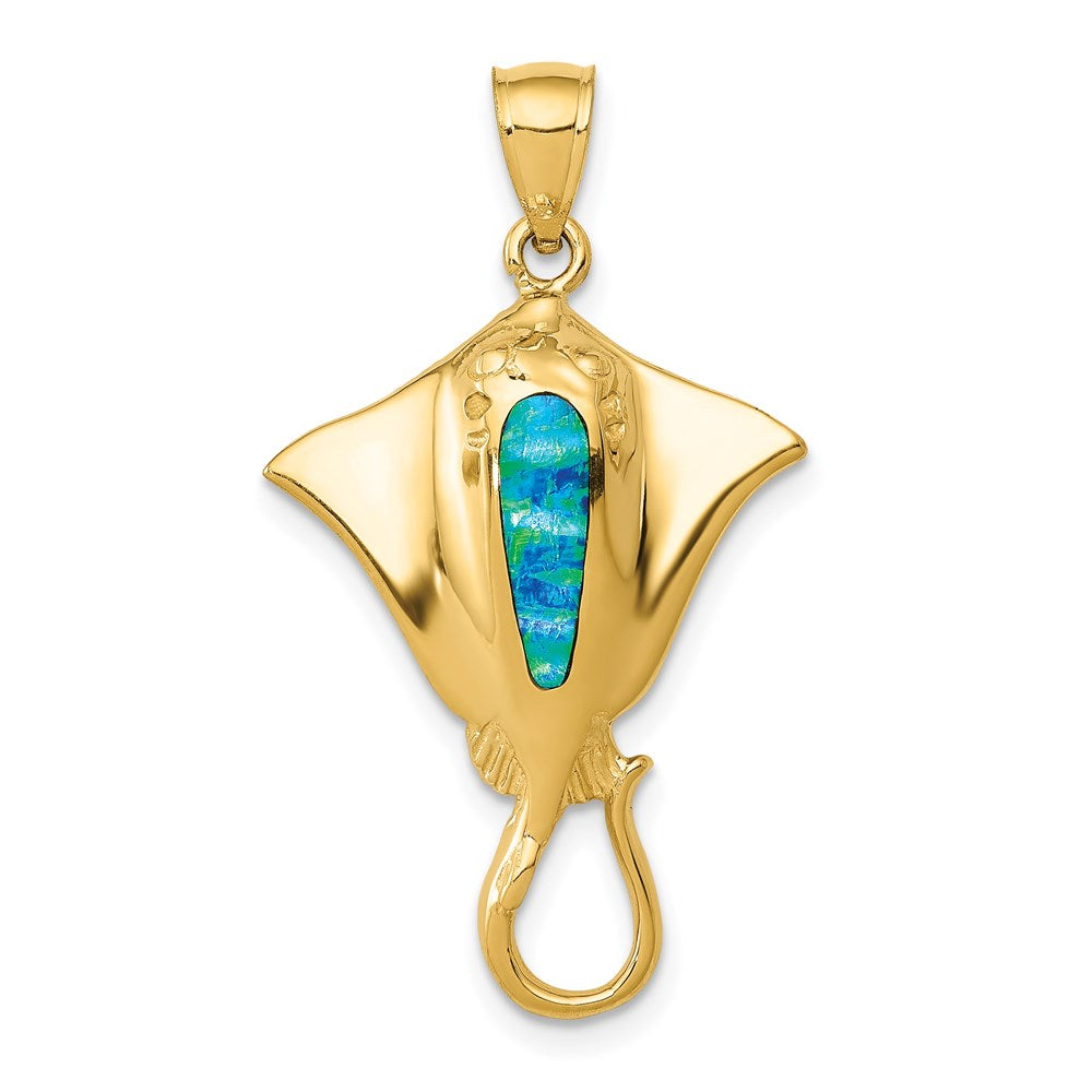 Polished Created Blue Opal Stingray Pendant in 14k Yellow Gold