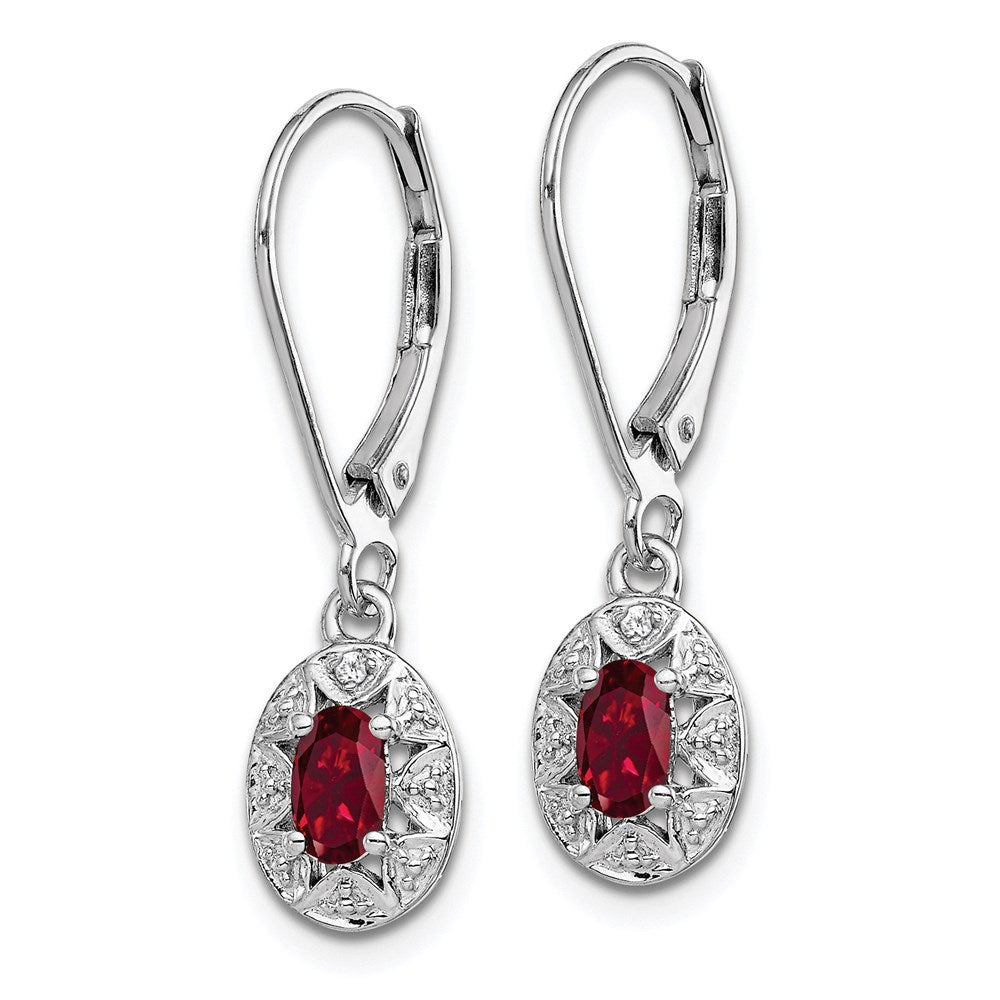 Rhodium Plated Diamond & Lab Created Ruby Dangle Leverback Earrings in Sterling Silver