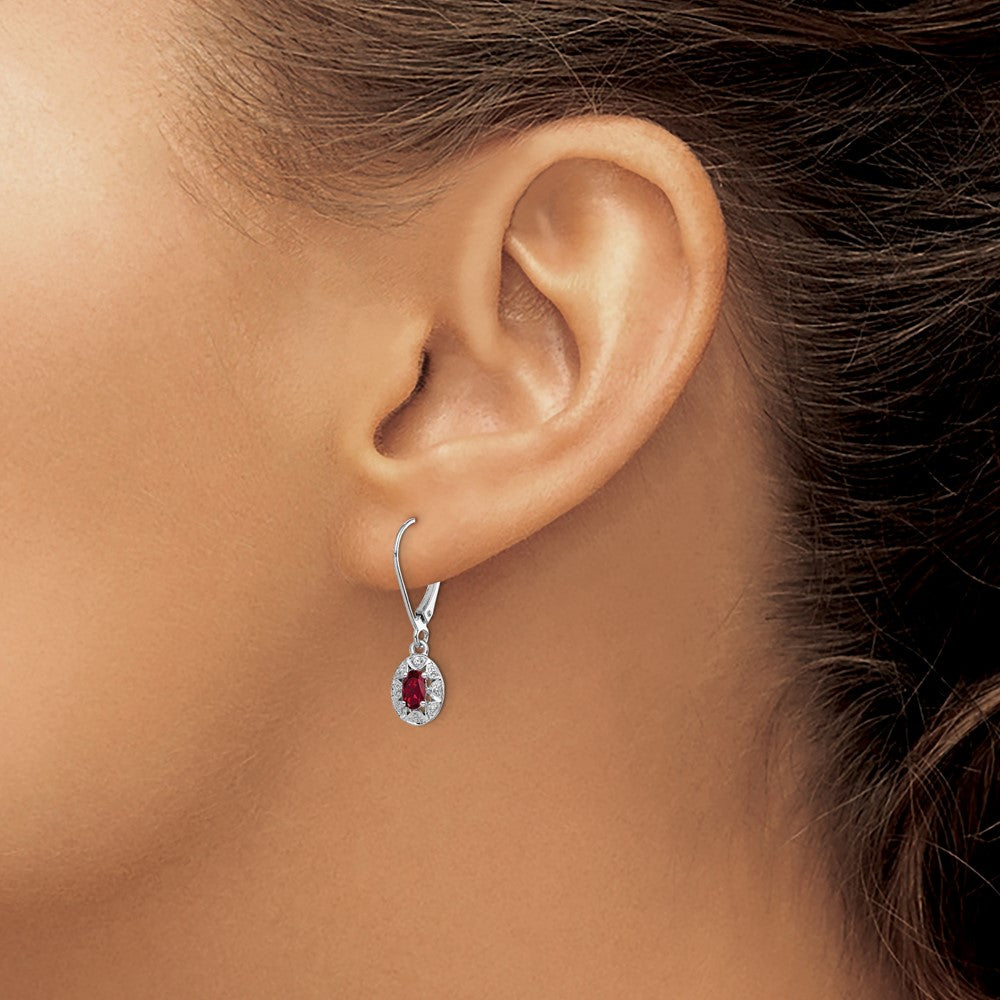 Rhodium Plated Diamond & Lab Created Ruby Dangle Leverback Earrings in Sterling Silver