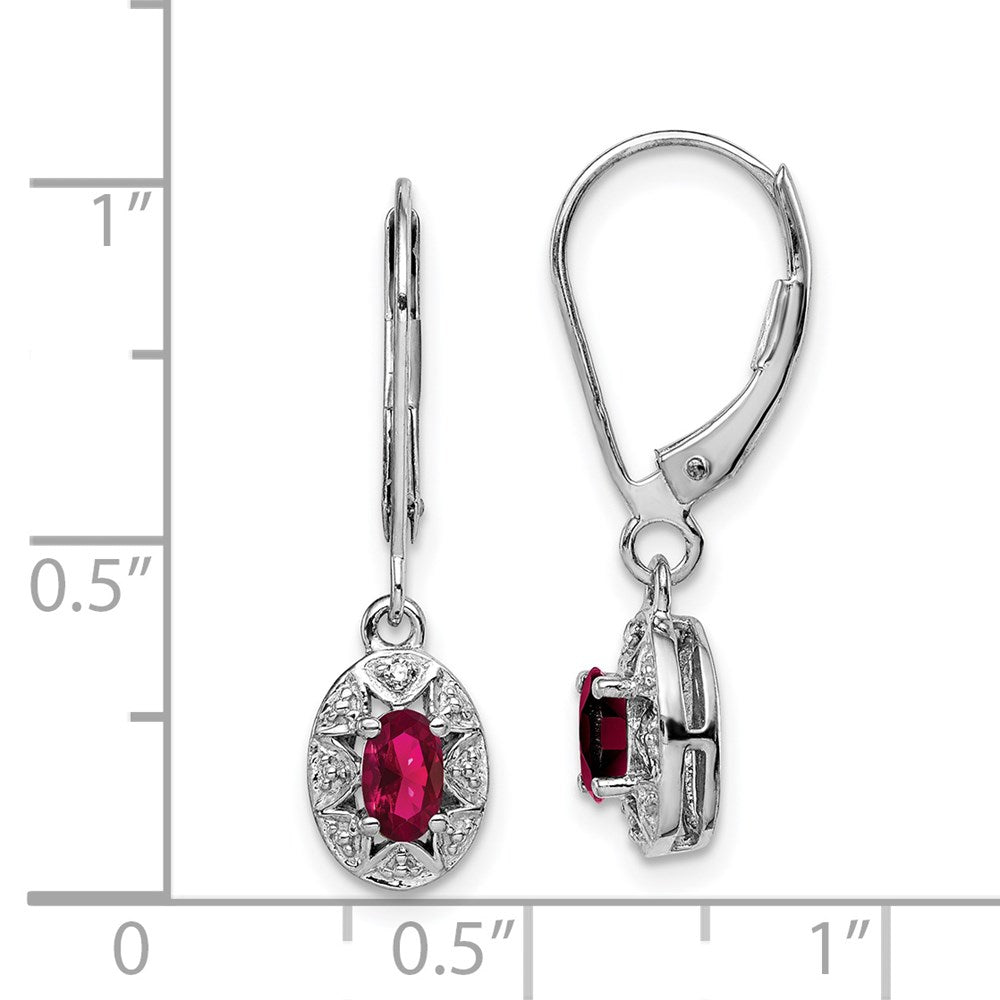 Rhodium Plated Diamond & Lab Created Ruby Dangle Leverback Earrings in Sterling Silver